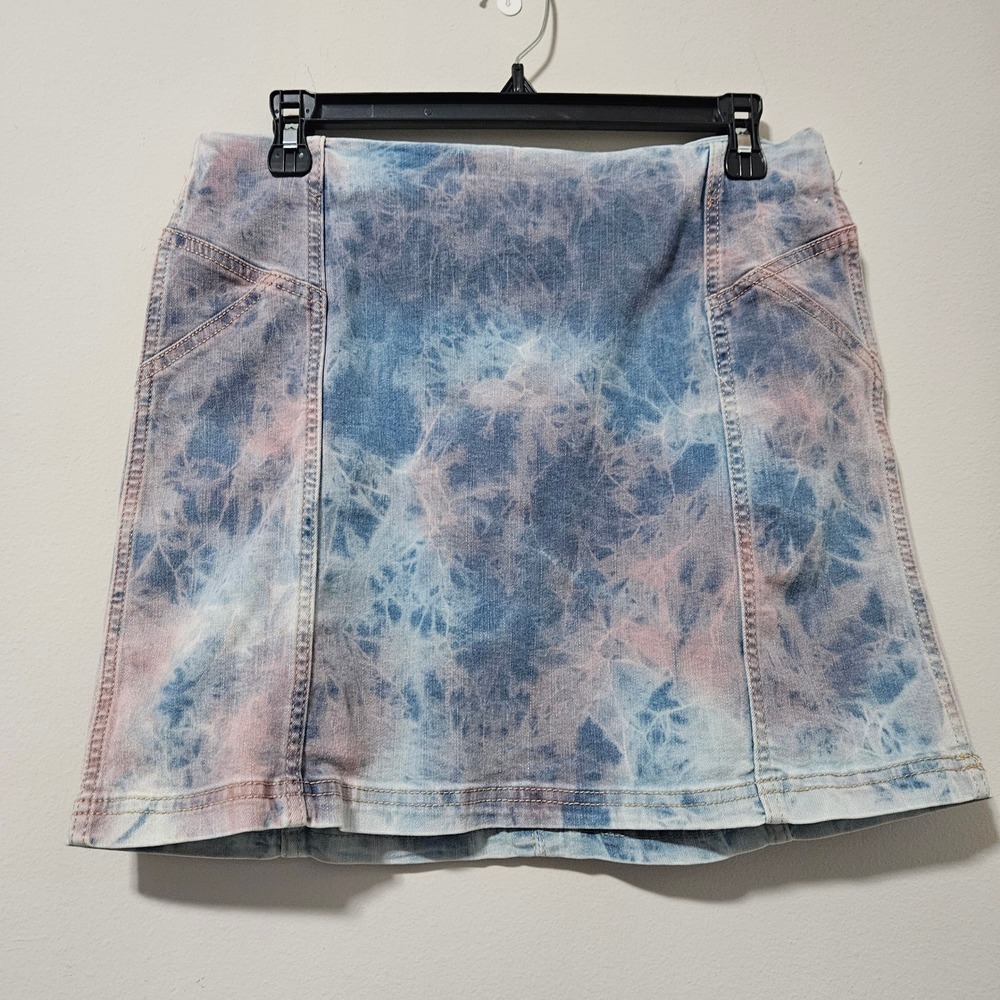 Wild Fable Blue Pink Tie Dye Denim Mini Skirt Size 12 A-Line Stretch Pockets
